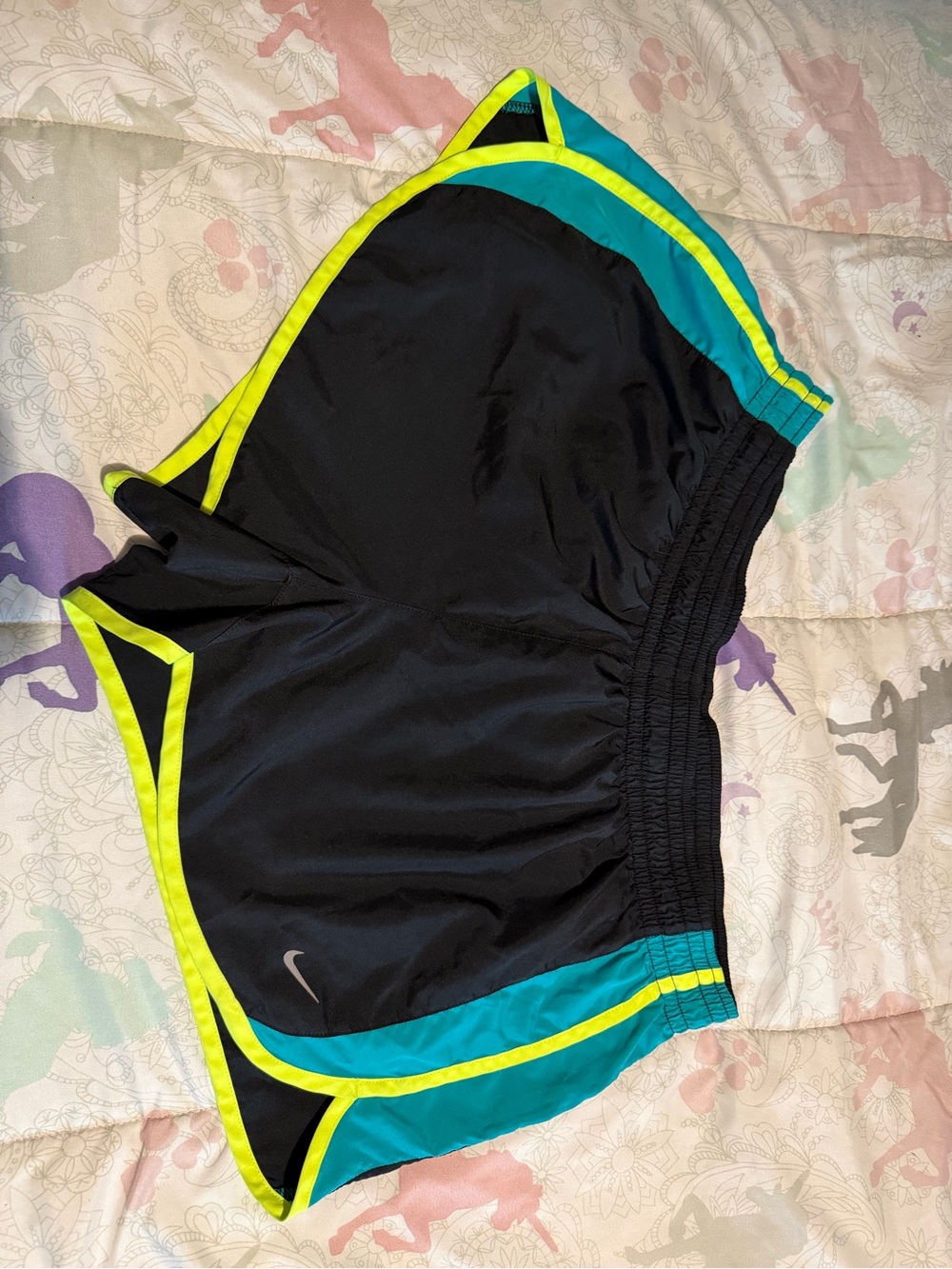 Nike Black Shorts with Teal Panels and Neon Yellow Trim